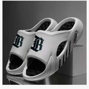 White Slide Sandals with Black Accents